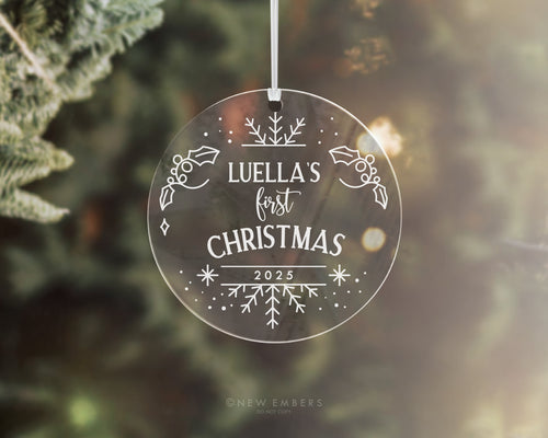 Personalised Baby's First Christmas ornament in clear acrylic with name and year