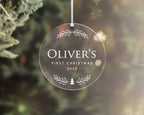 Personalised Baby's First Christmas ornament with classic name lettering in clear acrylic