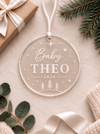 Personalised baby Christmas ornament with name and year in a festive stars and trees design