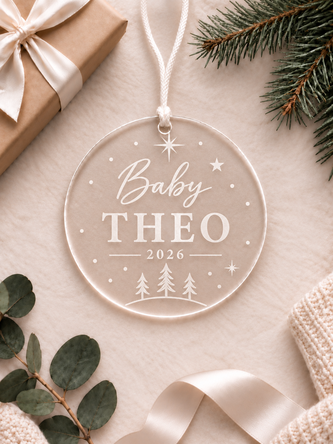 Personalised baby Christmas ornament with name and year in a festive stars and trees design