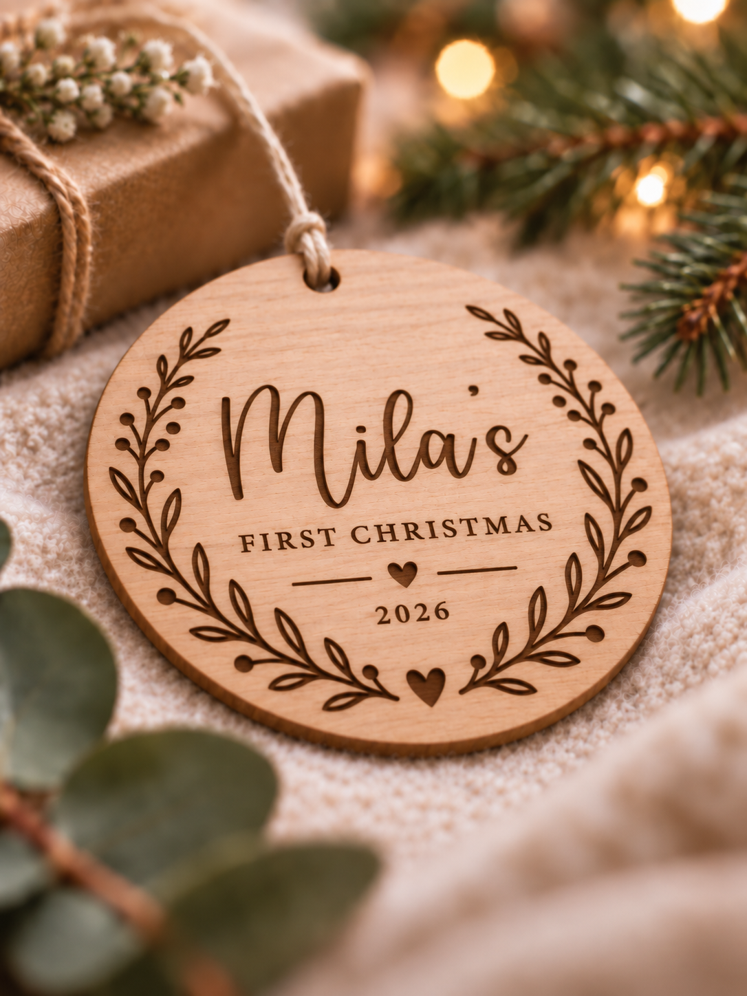 Personalised baby's first Christmas ornament with name, year and botanical wreath on clear acrylic