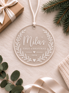 Personalised baby's first Christmas ornament with name, year, leafy wreath and heart details