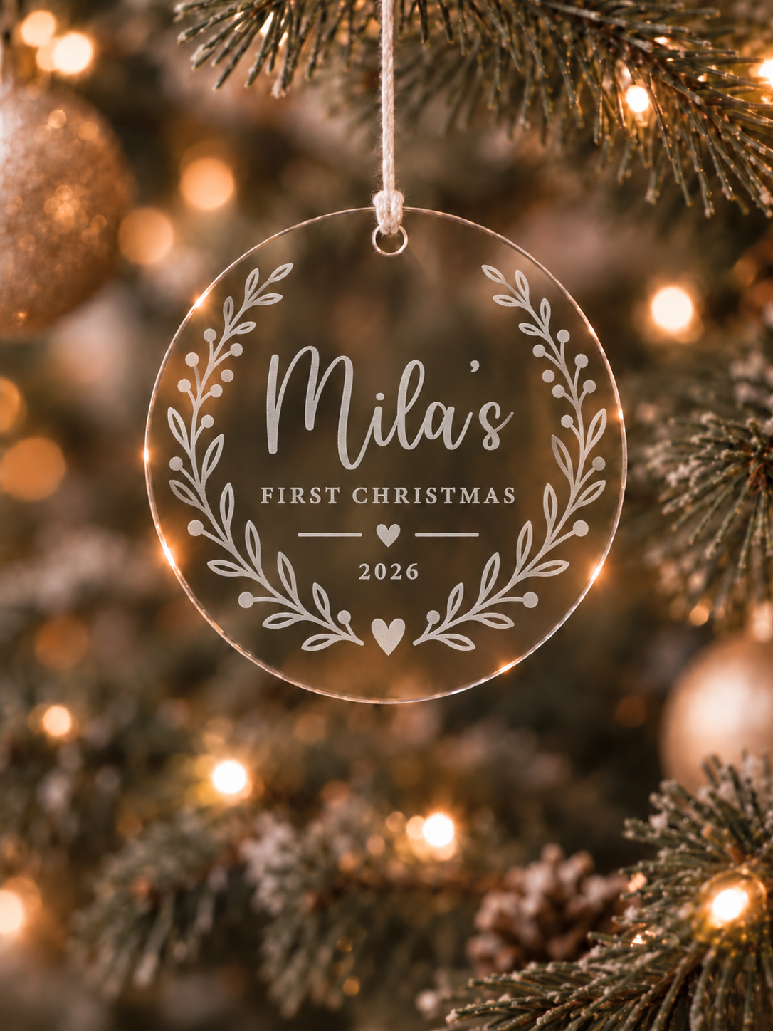Personalised first Christmas ornament with name and year in a leafy wreath design on a Christmas tree