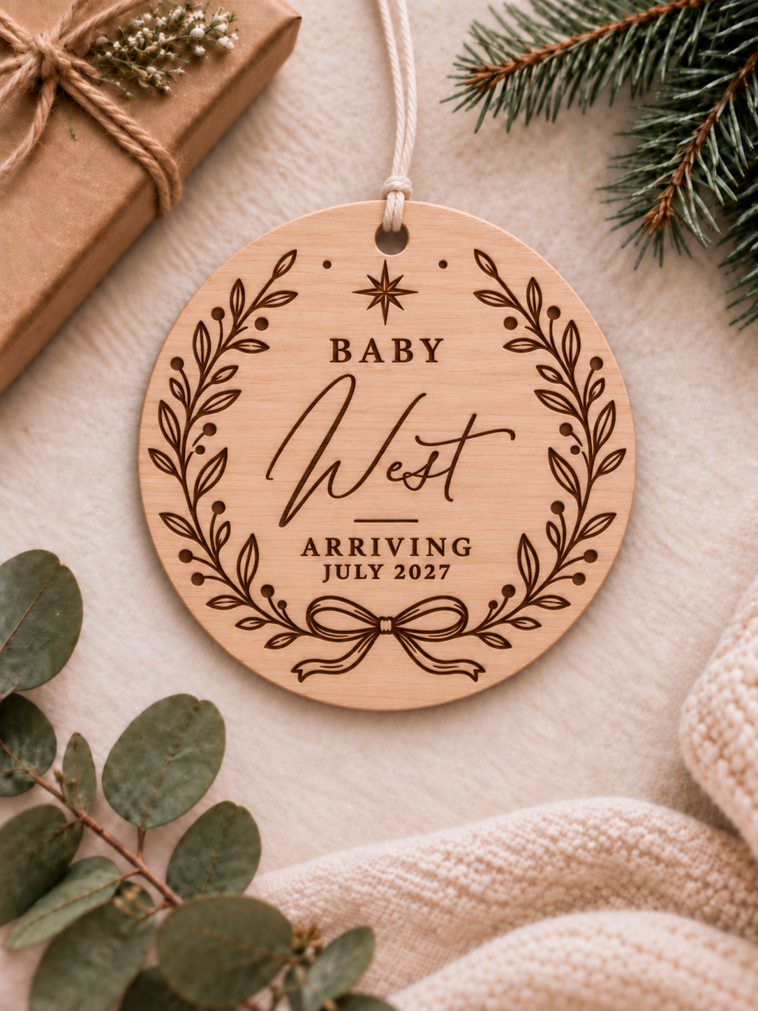 Personalised baby announcement ornament with botanical wreath, bow, baby name and expected arrival date