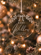 Personalised baby announcement ornament with bow garland, baby name and expected arrival date