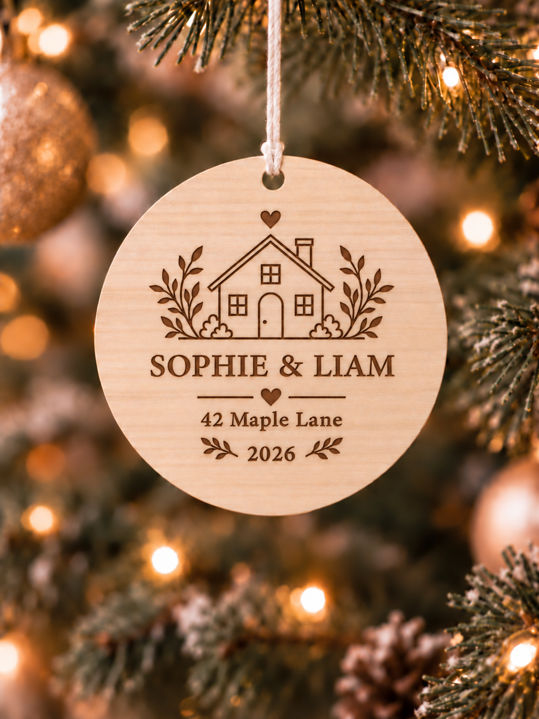 First Christmas new home ornament personalised with names, address, year and classic house design - product image 3