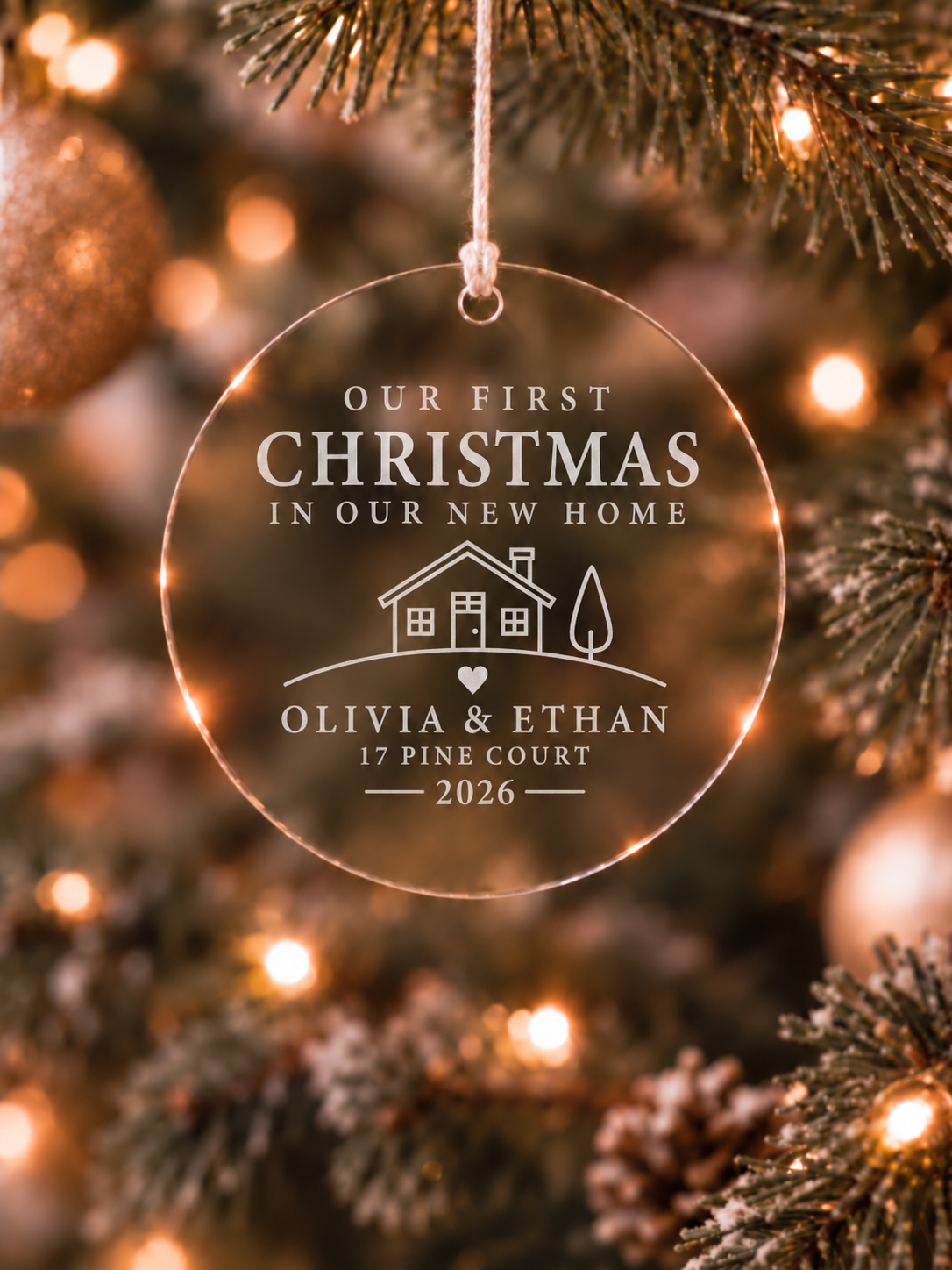 Our first Christmas in our new home ornament personalised with names, address, year and house design - product image 1
