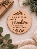 Personalised baby announcement ornament with Our Little wording, baby name and expected arrival date - product image 2