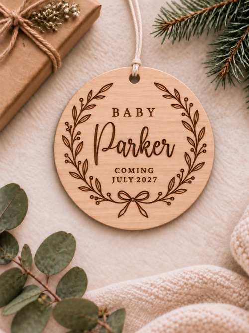 Personalised baby announcement ornament with baby name, arrival date, botanical wreath and bow - product image 1