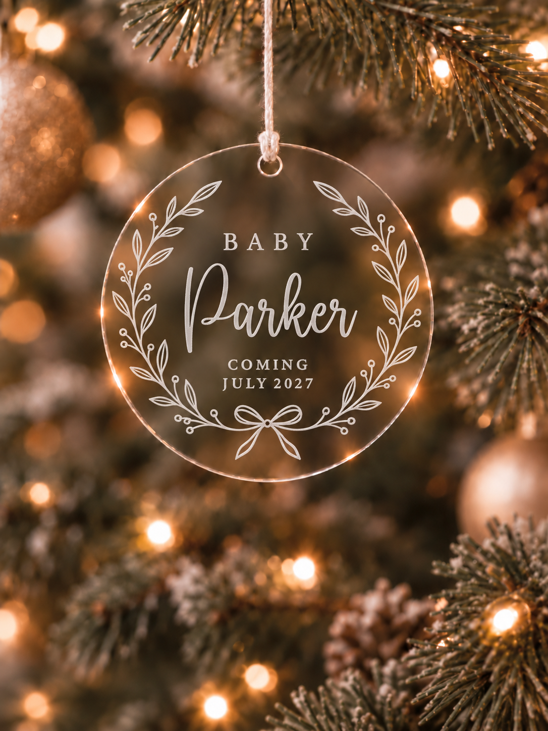 Personalised baby announcement ornament with baby name, arrival date, botanical wreath and bow - product image 2