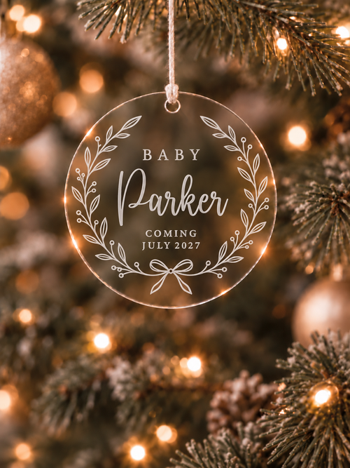 Personalised baby announcement ornament with baby name, arrival date, botanical wreath and bow - product image 2