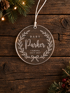Personalised baby announcement ornament with baby name, arrival date, botanical wreath and bow - product image 3