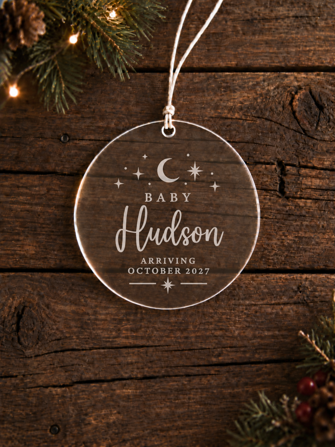Personalised baby announcement ornament with baby name, arrival date, moon and stars - product image 3