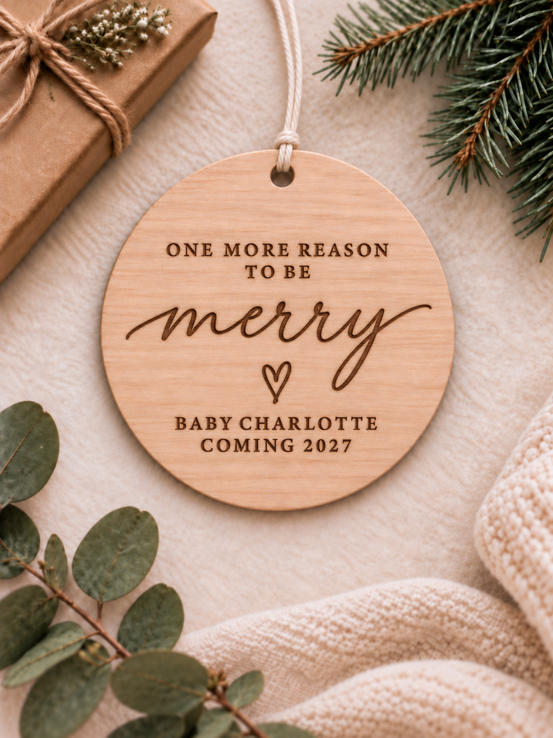 Christmas pregnancy announcement ornament with One More Reason to Be Merry and personalised baby name - product image 1