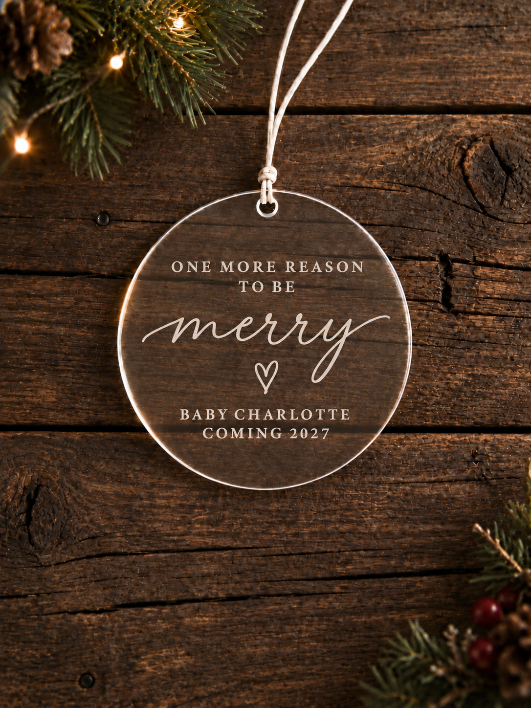 Christmas pregnancy announcement ornament with One More Reason to Be Merry and personalised baby name - product image 3