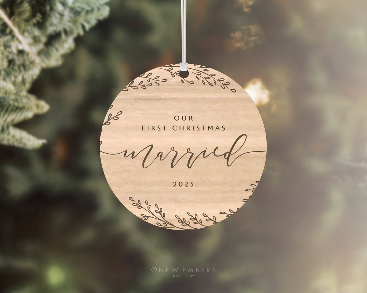 Our First Christmas Engaged heart ornament personalised with year