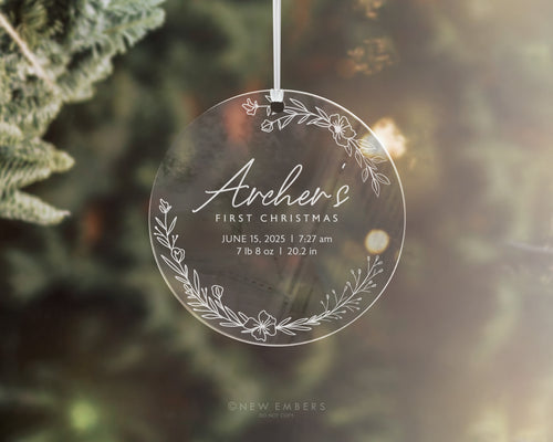 Personalised Baby's First Christmas heart ornament with birth statistics