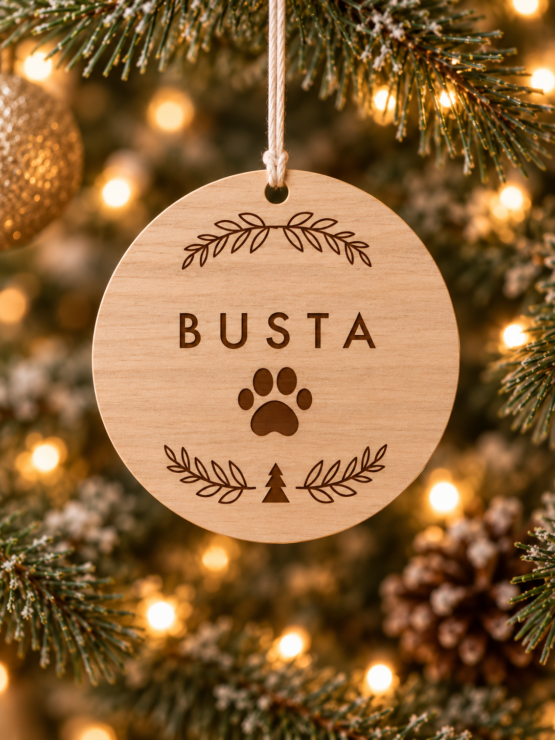 Personalised eucalyptus wood dog Christmas ornament with dog name, paw print and festive foliage design