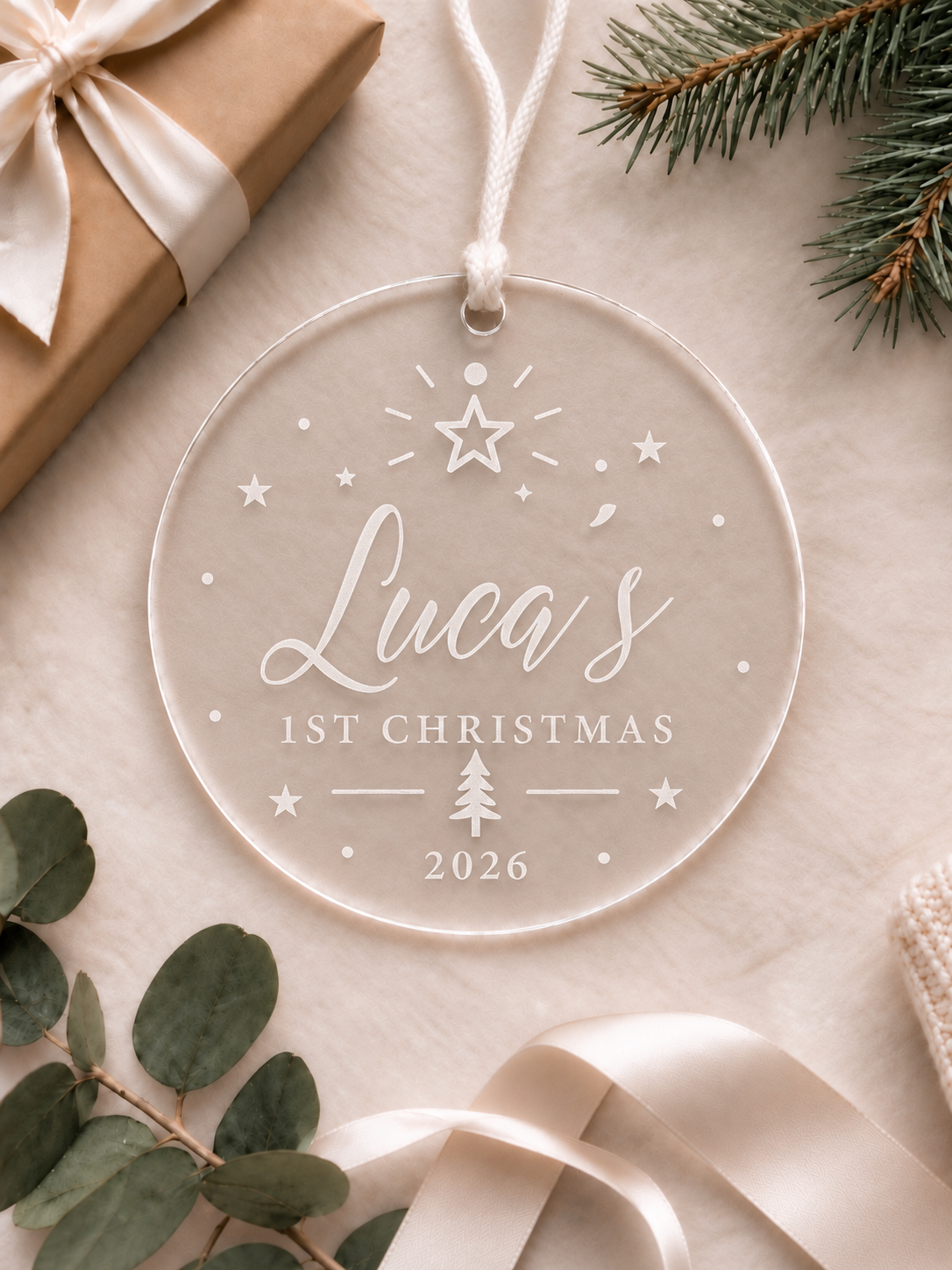 Personalised baby's first Christmas ornament with name, year, bow and botanical wreath on clear acrylic