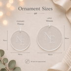 Personalised Christmas ornament size guide showing standard 70mm and large 90mm clear acrylic ornaments