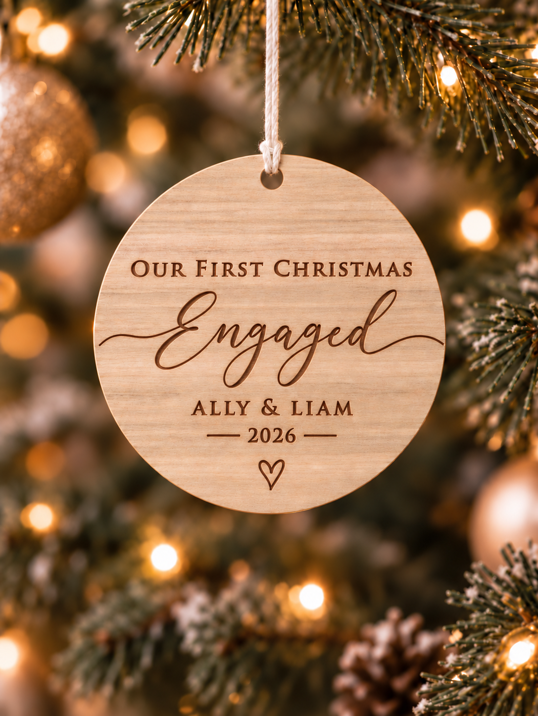 Personalised eucalyptus wood engagement Christmas ornament with couple names, year and Our First Christmas Engaged script design