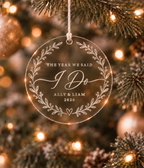 Personalised eucalyptus wood wedding Christmas ornament with couple names, wedding year and The Year We Said I Do design